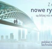 Obrazek promujący Polskie Mosty Technologiczne. Przedstawia nowoczesny most prowadzący do miasta. Zawiera napis 