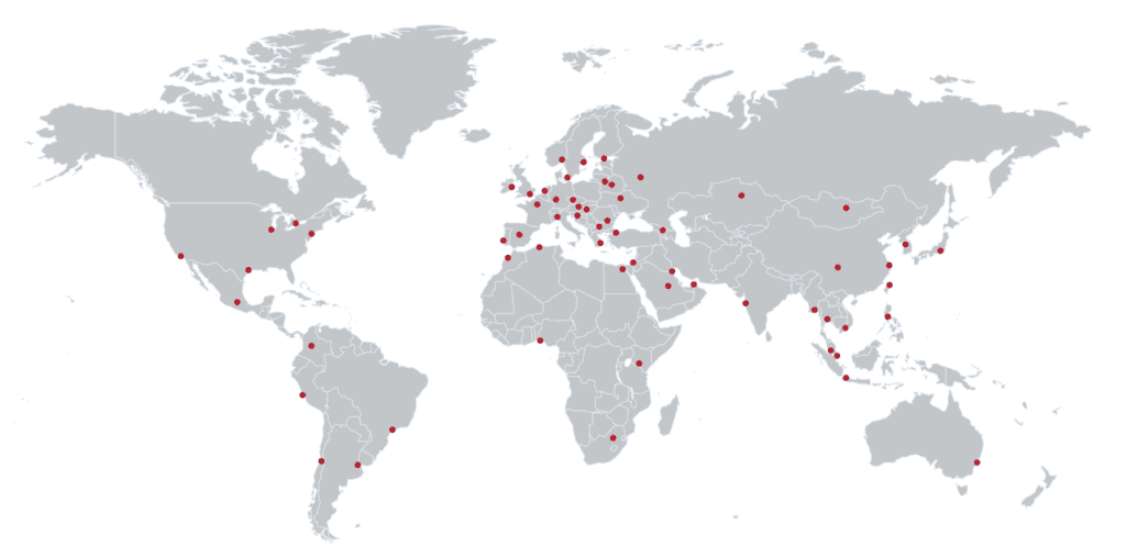 Mapa rynków zagranicznych z zaznaczonymi lokalizacjami Zagranicznych Biur Handlowych PAIH