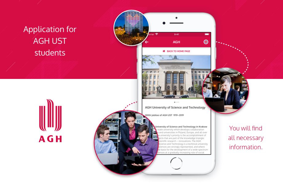 Mobile App (iOS, Android) contains all available and useful information and locations for students of AGH in Cracow.