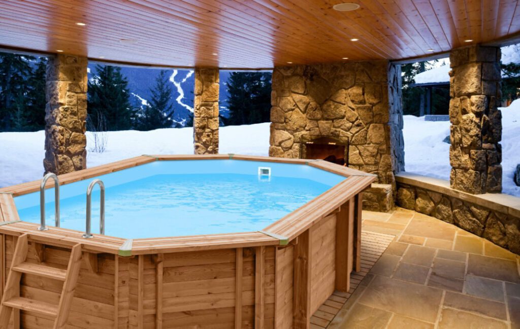 The oblong octagonal swimming pool with 45mm solid wood walls available in different sizes.