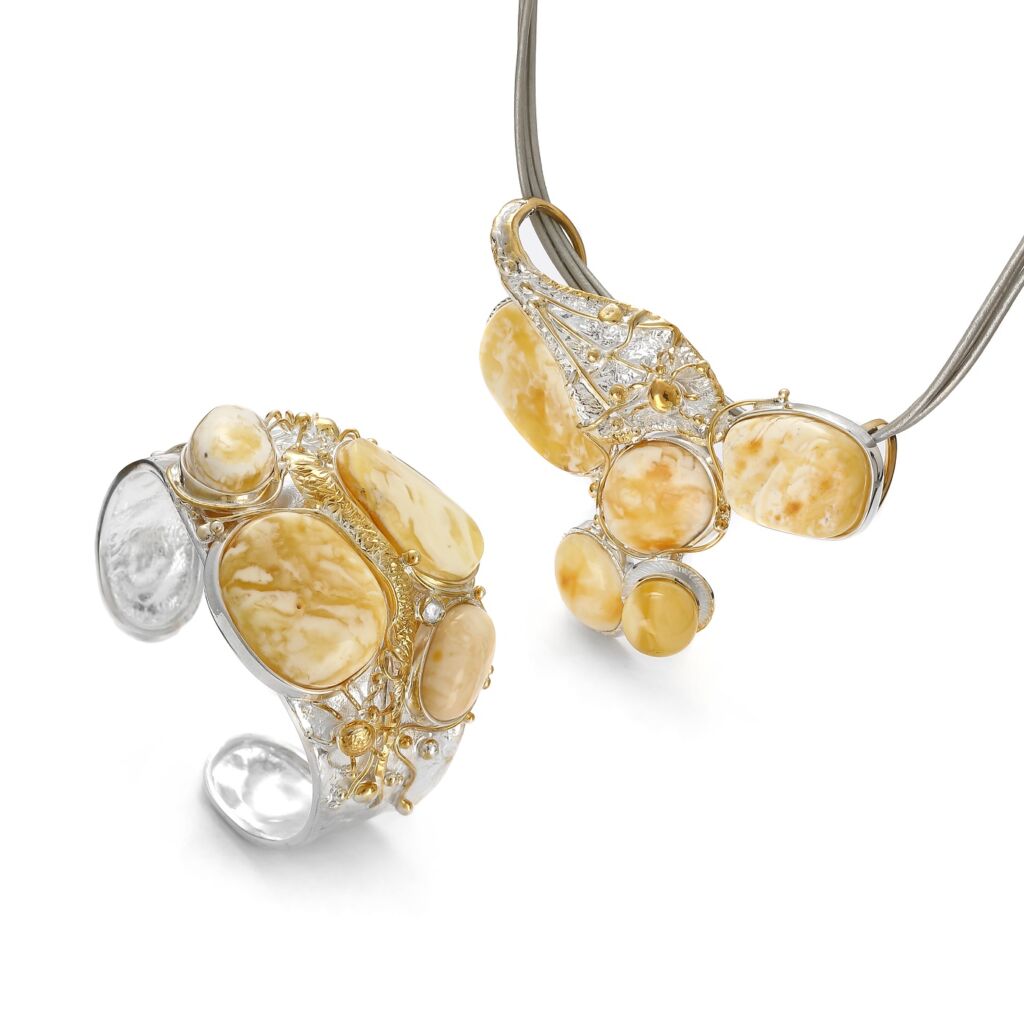 White Baltic Amber, bracelet and necklace, sterling silver partly goldplated. Handmade by Studio DF