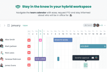 Calendar with detailed information about upcoming absences, holidays, and remote work