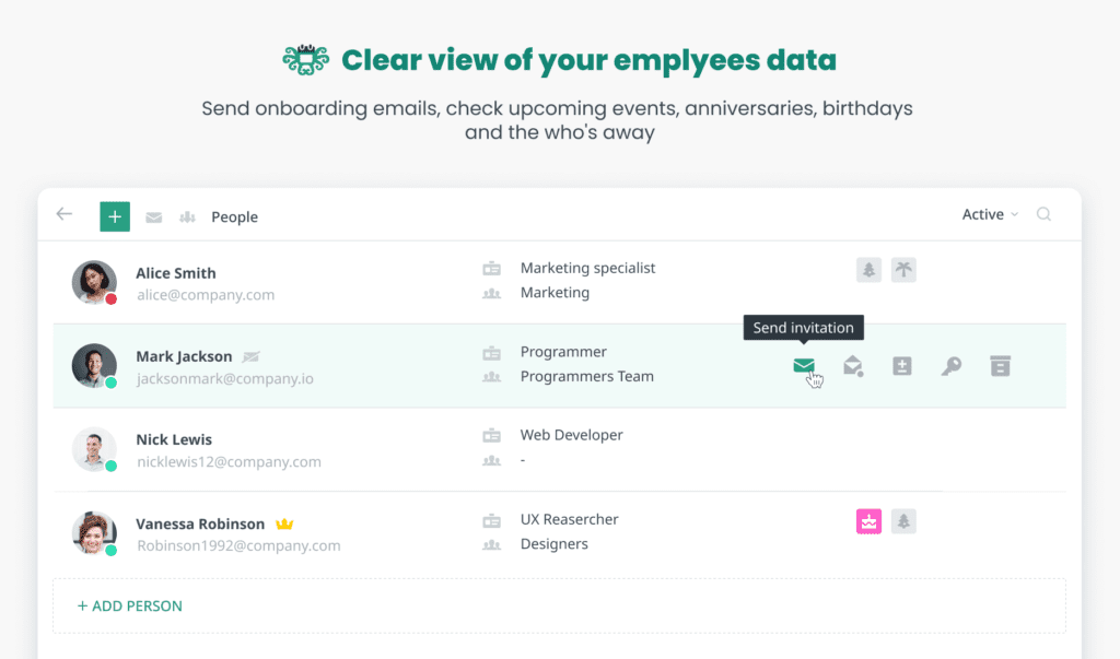 The People tab shows all the details of your employees and simplifies the onboarding process