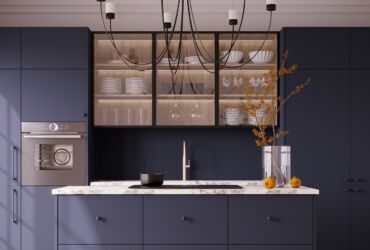 Kitchen Fenix Blue Ves + aluminium framed vitrine cabinets