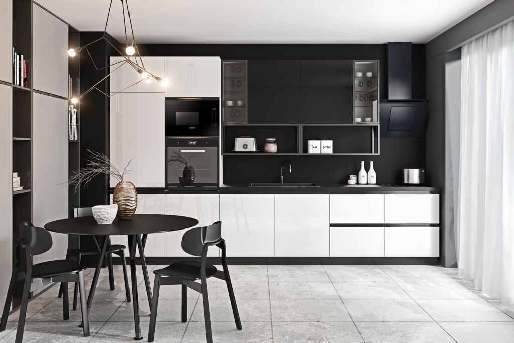 Kitchen Tafla L white glossy + black mat wall cabinets and aluminium vitrine fronts