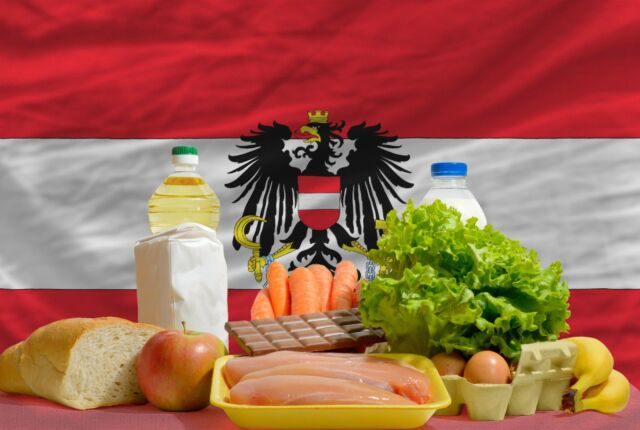 Produkty spożywcze na tle flagi Austrii