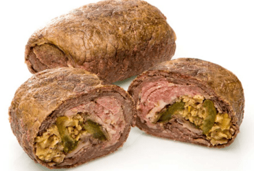 Beef rolls with bacon, onion and pickle, handmade IQF. Traditional rolls made from thin slices of meat.