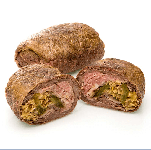 Beef rolls with bacon, onion and pickle, handmade IQF. Traditional rolls made from thin slices of meat.