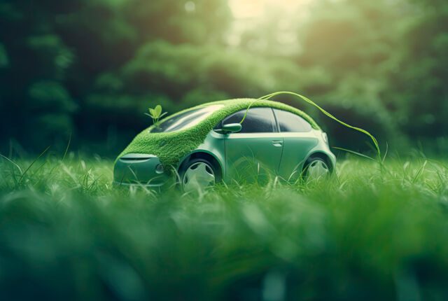 Zielony samochód na trawie