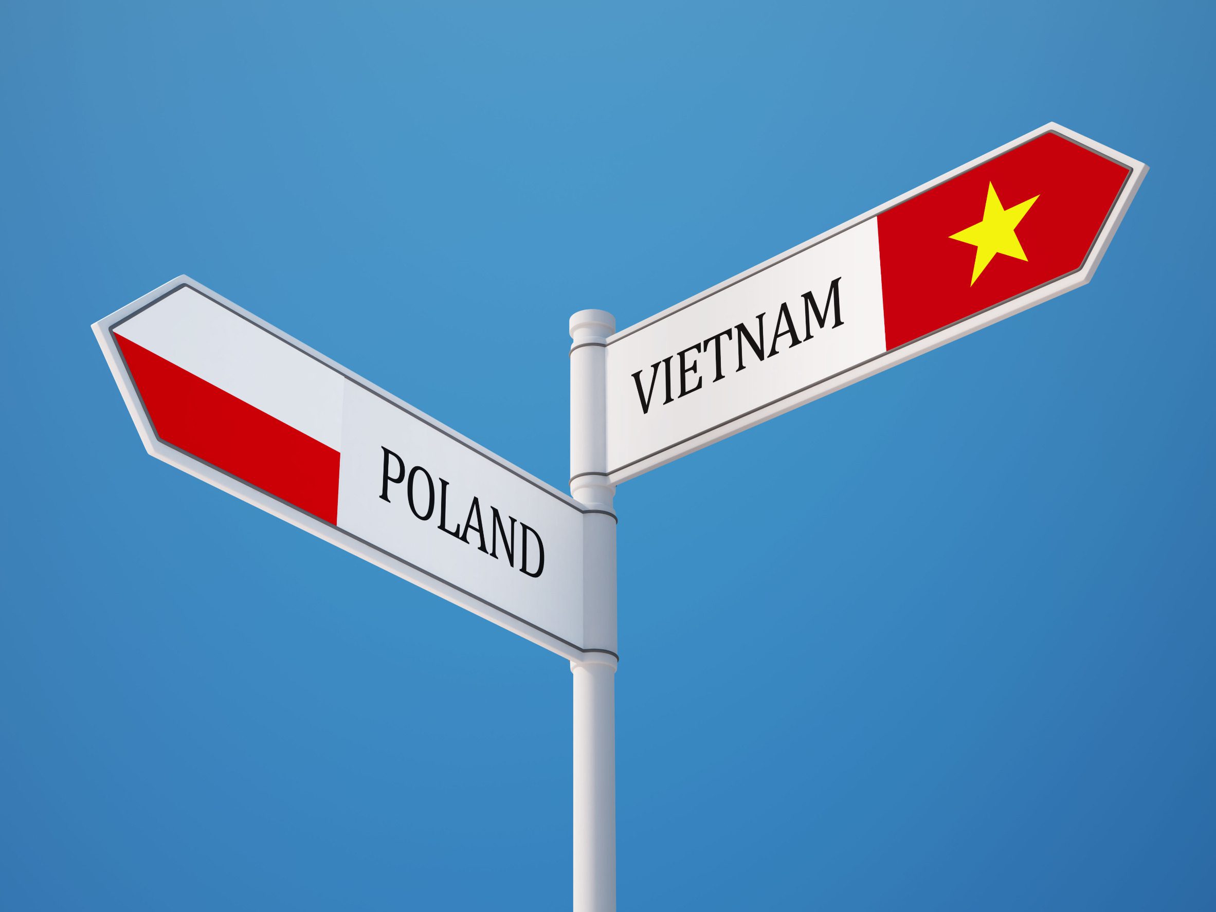 Dwa znaki drogowe, jeden z flagą Polski, a drugi z flagą Wietnamu