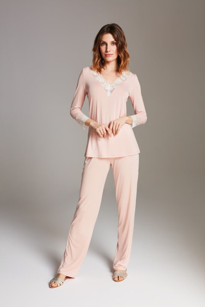 Pajamas made from soft viscose.Lace V-neck, shorts and sleeves with openwork lace inserts.