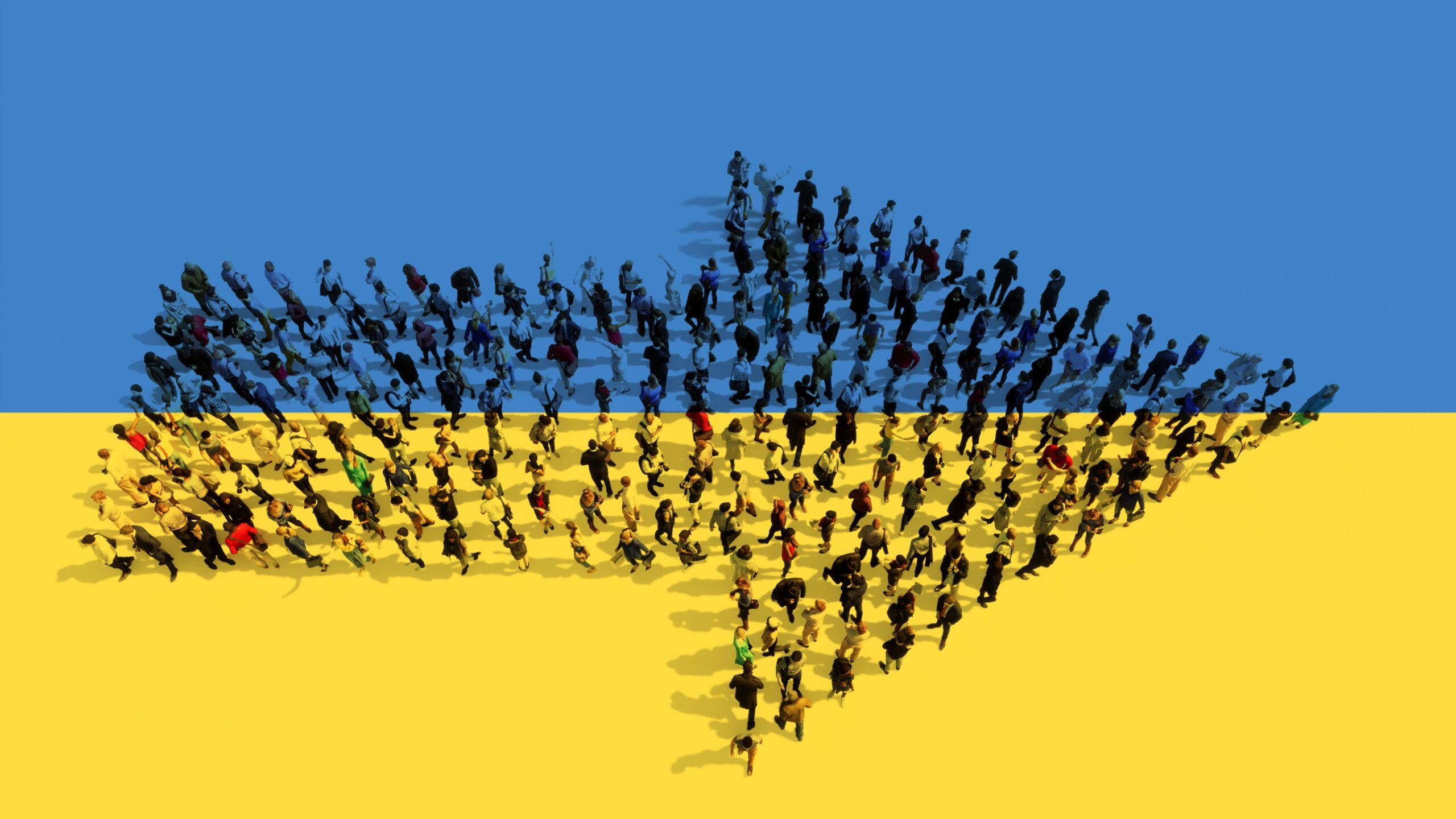 Strzałka uformowana z ludzi na tle flagi ukraińskiej