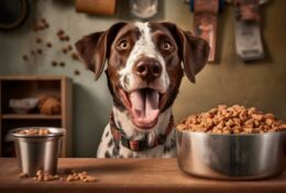 Dog sitting next to the food bowl