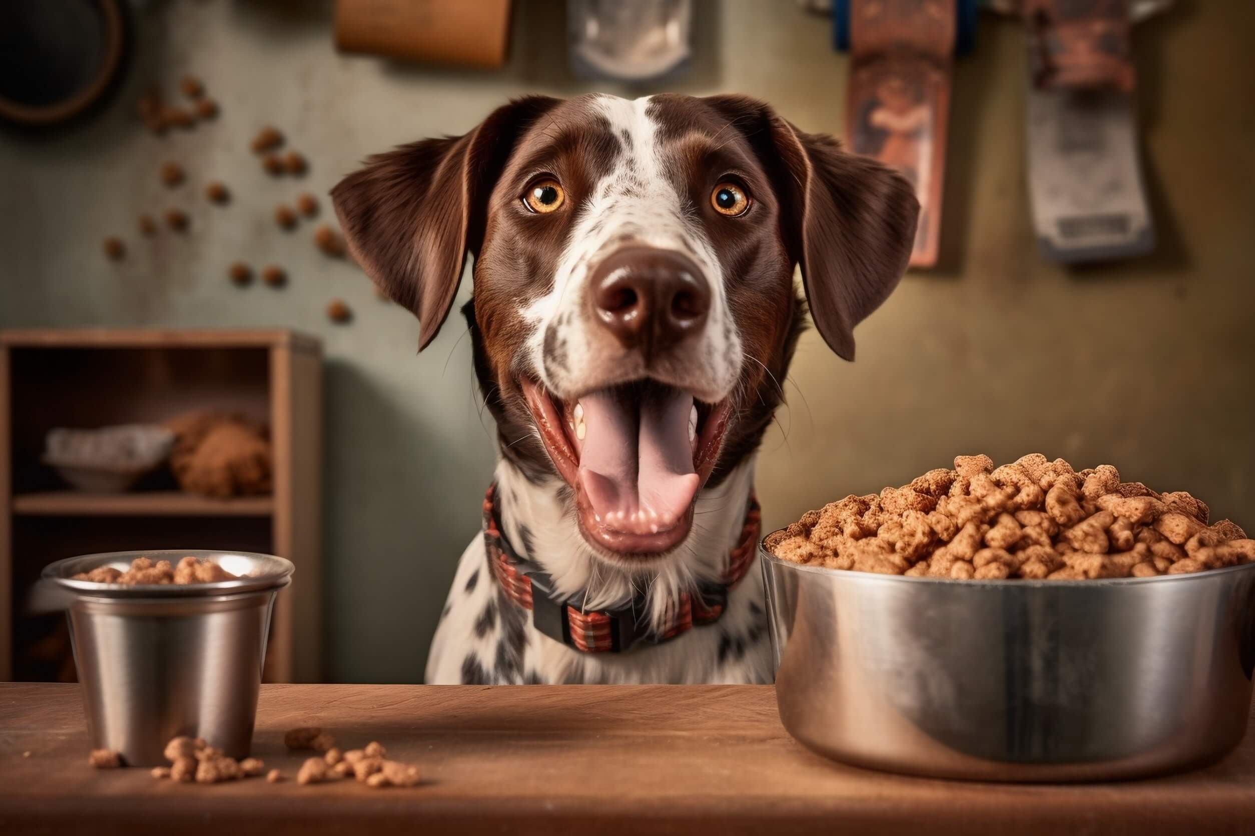 Dog sitting next to the food bowl