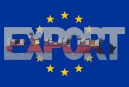 Napis export z rysunkiem kontenerowca jako tło gwiazdek unijnych