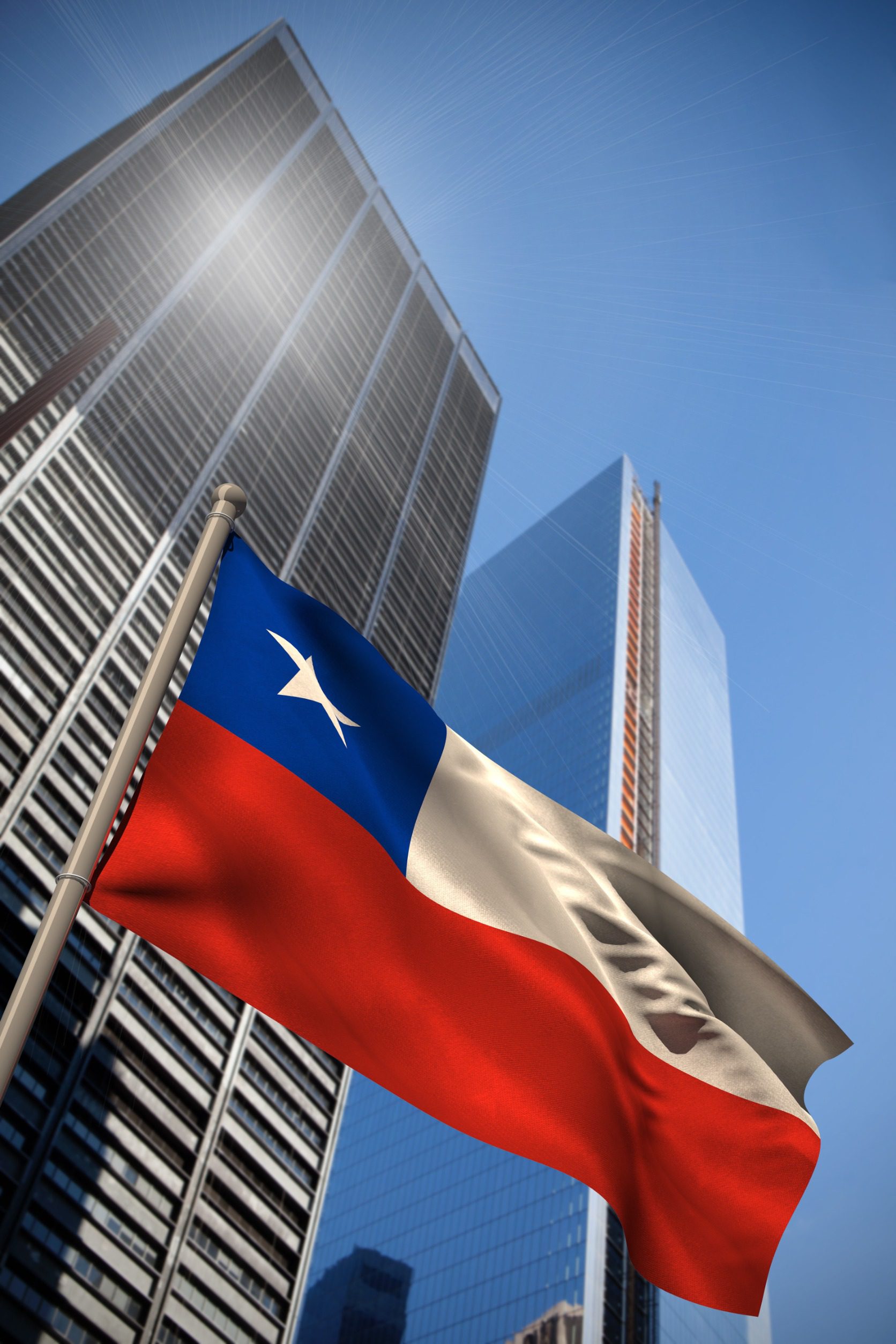Flaga Chile na tle wieżowców