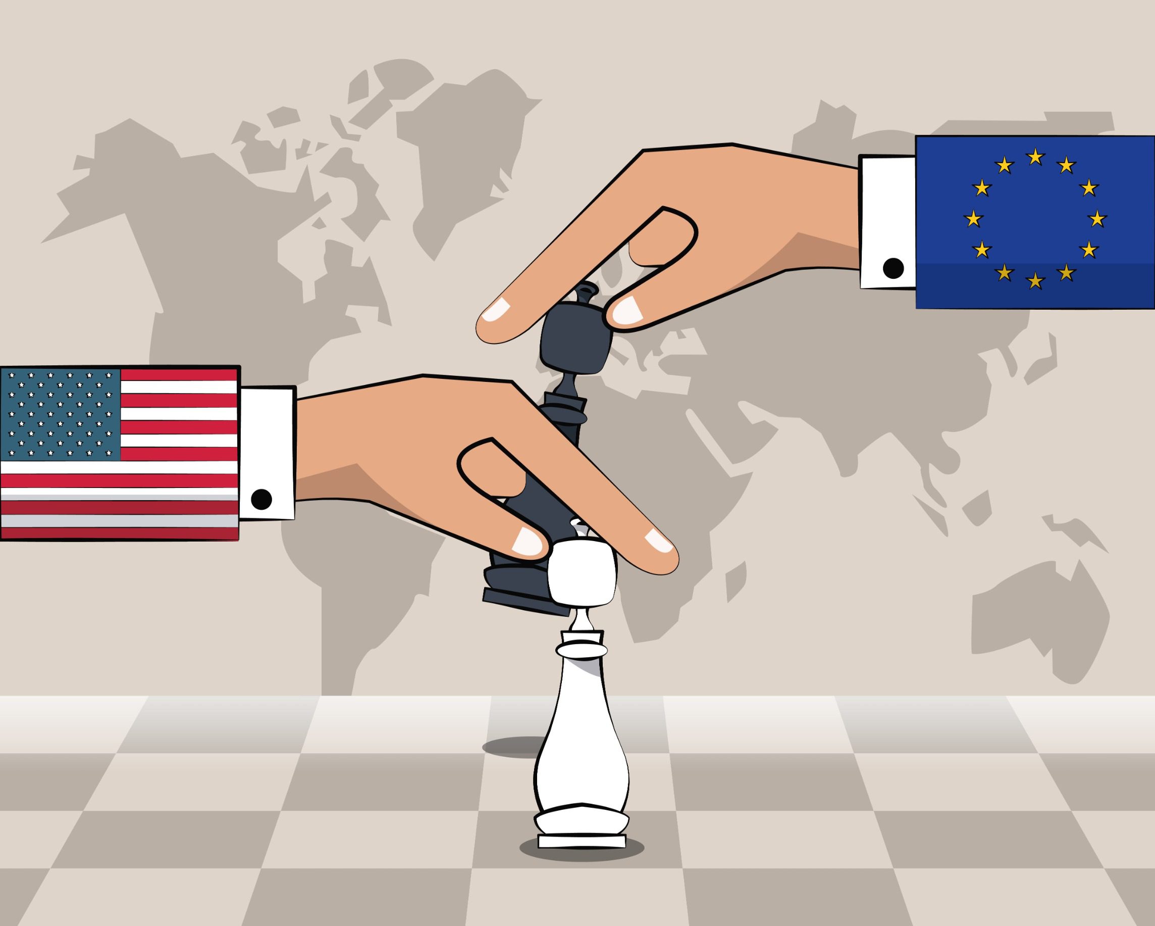 szachownica z flaga UE i USA