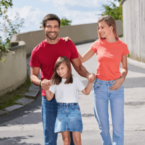 In the photo, T-shirts from the Basic collection in a family concept.