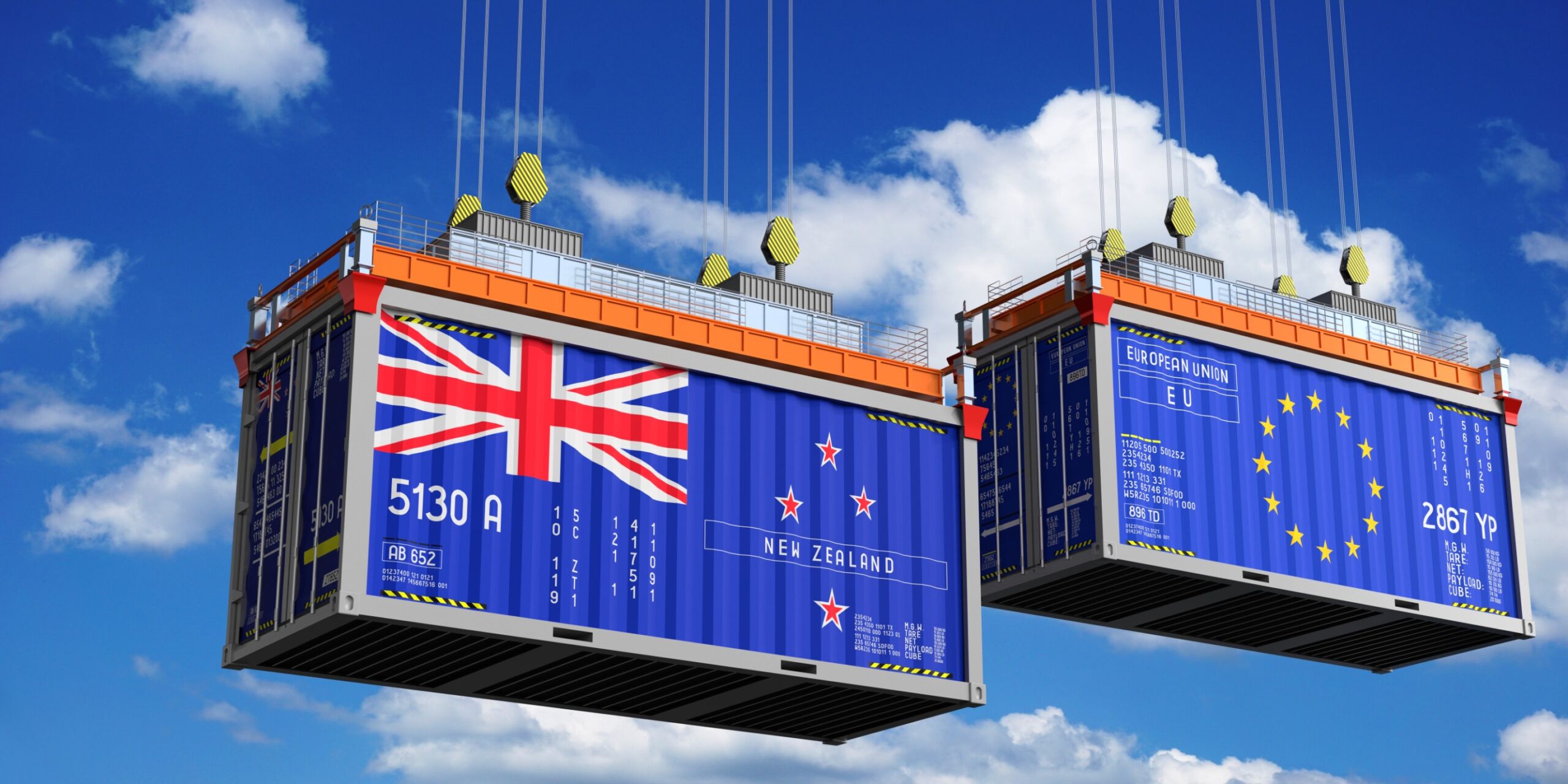 Kontenery z flagami UE i Nowej Zelandii na tle nieba