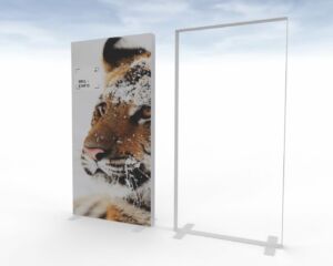Textile advertising frames with textile prints.