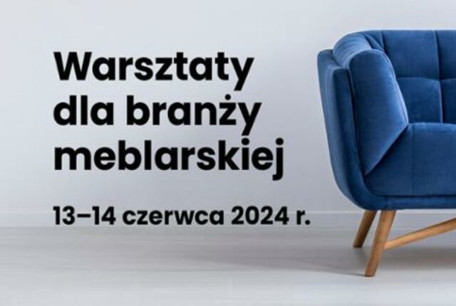 Grafika promująca warsztaty dla branży meblarskiej p granatowa sofa i podnóżek