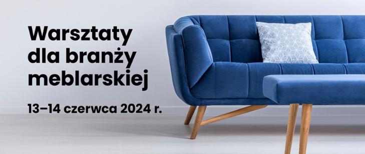 Grafika promująca warsztaty dla branży meblarskiej p granatowa sofa i podnóżek