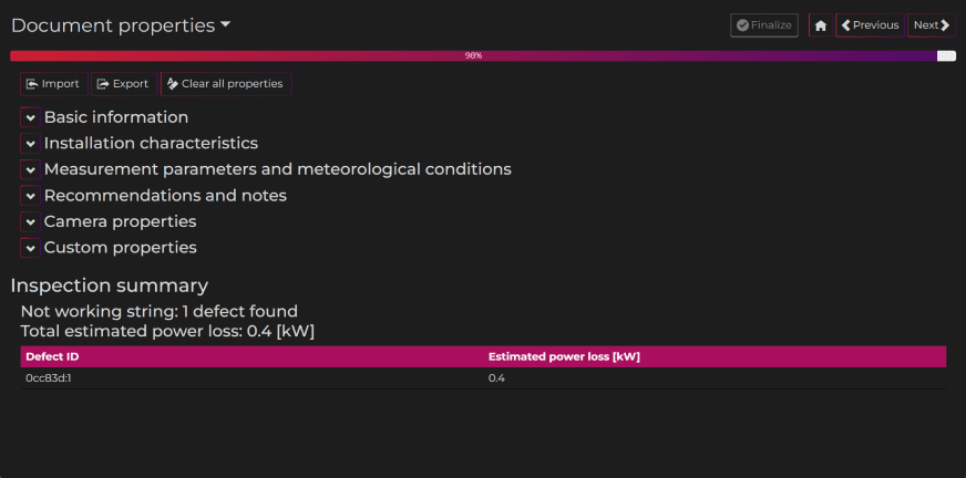 The image shows document properties used to present inspections data with PV SENSE