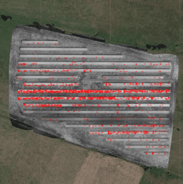 The image shows an orthophoto map generated with PV SENSE with marked defects.