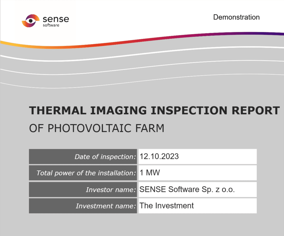 The image shows the first title page of a default report generated with PV SENSE.