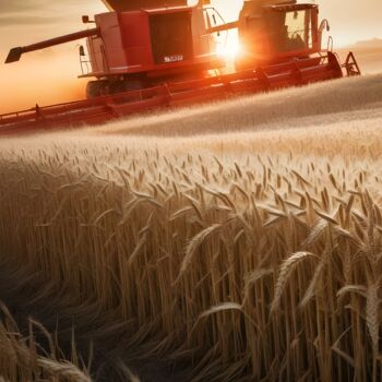 Kombajn koszący zboże na tle zachodzącego słońca