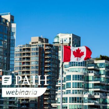 widok Toronto z flagą kanadyjską i napis webinaria PAIH