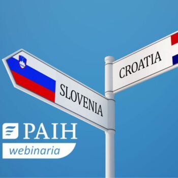 kierunkowskazy z flagami Chorwacji i Słoweni oraz napis PAIH webinaria