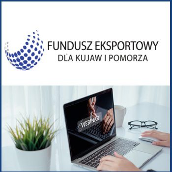 osoba siedząca przy laptopie i napis webinar