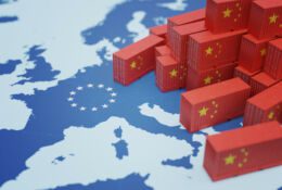 Chinese cargo containers on the map of Europe