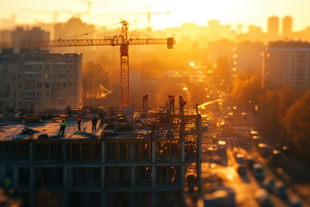 Budowa bloku mieszkalnego w mięcie. Budowlańcy pracują o zachodzie słońca