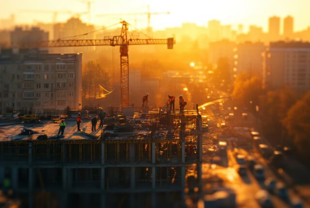 Budowa bloku mieszkalnego w mięcie. Budowlańcy pracują o zachodzie słońca
