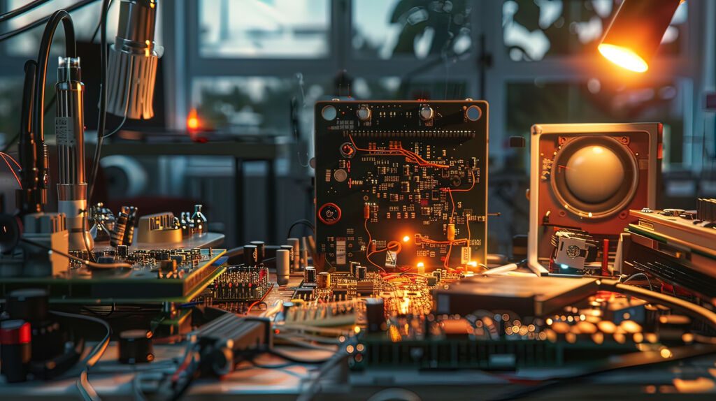 Electronic circuit board with electronic components in laboratory at night.