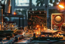 Electronic circuit board with electronic components in laboratory at night.