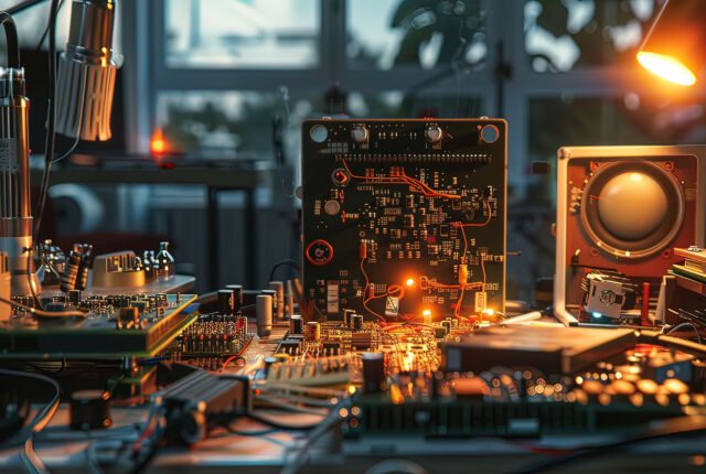 Electronic circuit board with electronic components in laboratory at night.