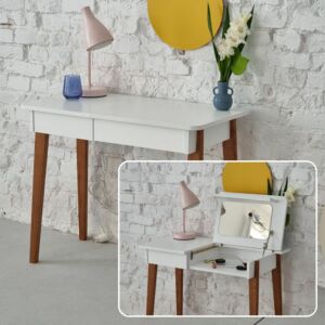 Writing desk with flip top mirror, white top and solid wood legs