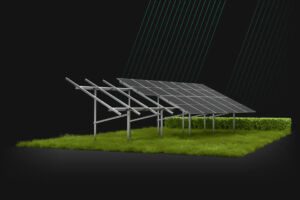 Free-standing south solar mounting system with 2 rows of bifacial solar panels.