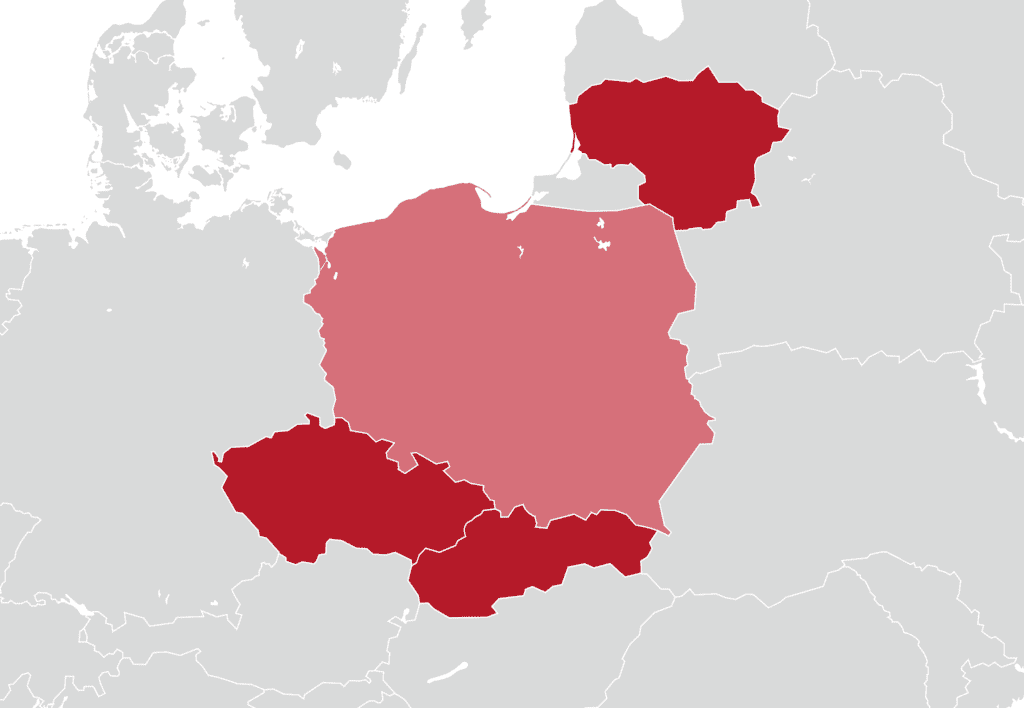 Mapa Europy z wodrębnionymi 4 krajami: Polską, Czechami, Słowacją i Litwą