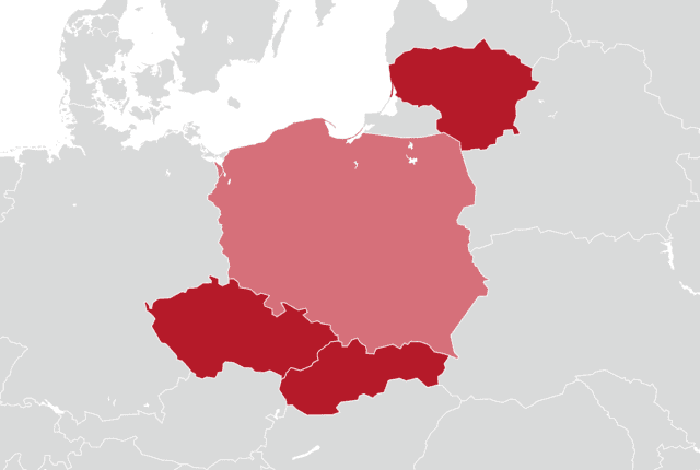 Mapa Europy z wodrębnionymi 4 krajami: Polską, Czechami, Słowacją i Litwą