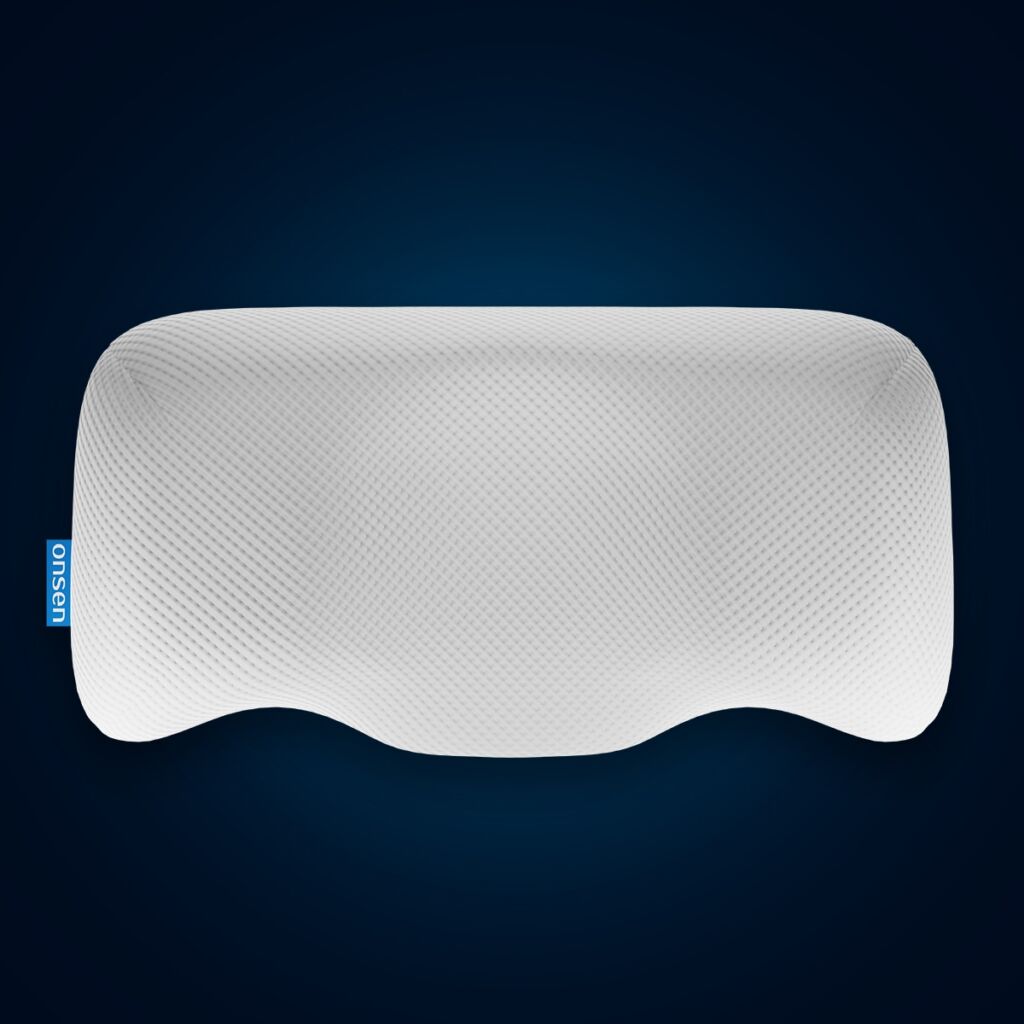 Product image of the Hiro orthopedic pillow by ONSEN®, with anatomical contour for side sleepers.
