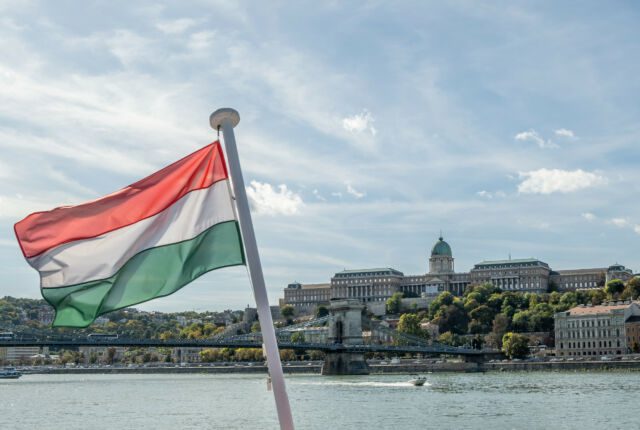 Widok zza rzeki na Zamek Królewski w Budapeszcie. Na pierwszym planie powiewająca flaga Węgier