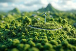 Turbina wiatrowa wytwarza czystą energię na zielonym wzgórzu otoczonym drzewami na tle czystego nieba