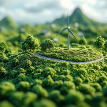 Turbina wiatrowa wytwarza czystą energię na zielonym wzgórzu otoczonym drzewami na tle czystego nieba