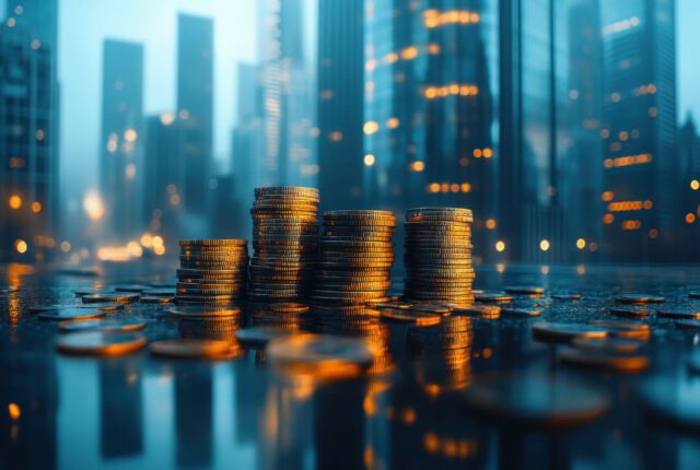 Coins stacked on a wet surface glimmering under city lights with skyscrapers in the background