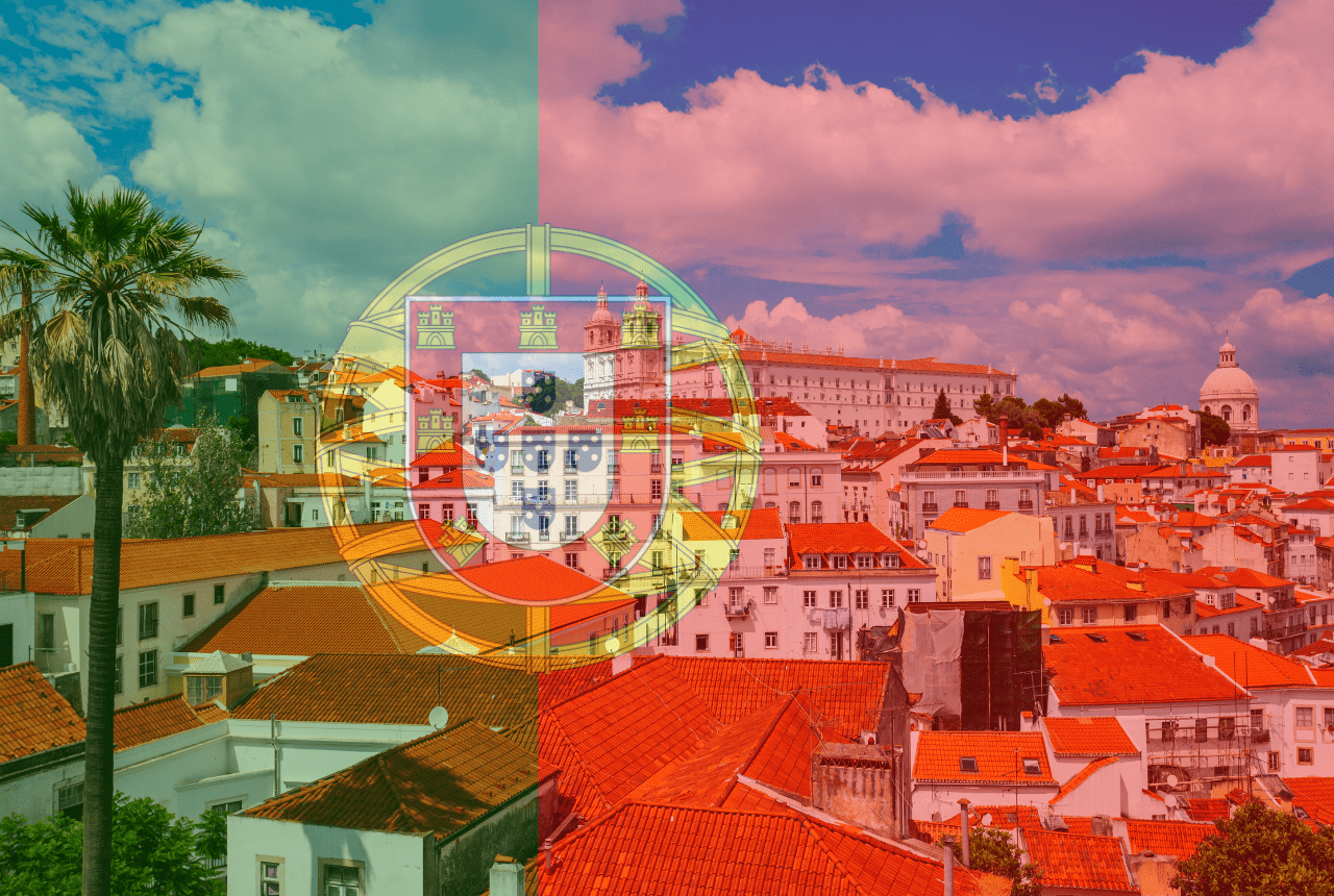 Obraz pokazujący portugalskie miasto na tle flagi Portugali