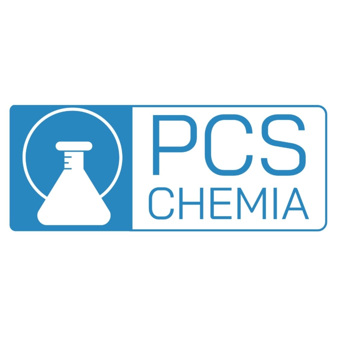 Logo of PCS Chemia, depicting a beaker and the company name written in blue letters